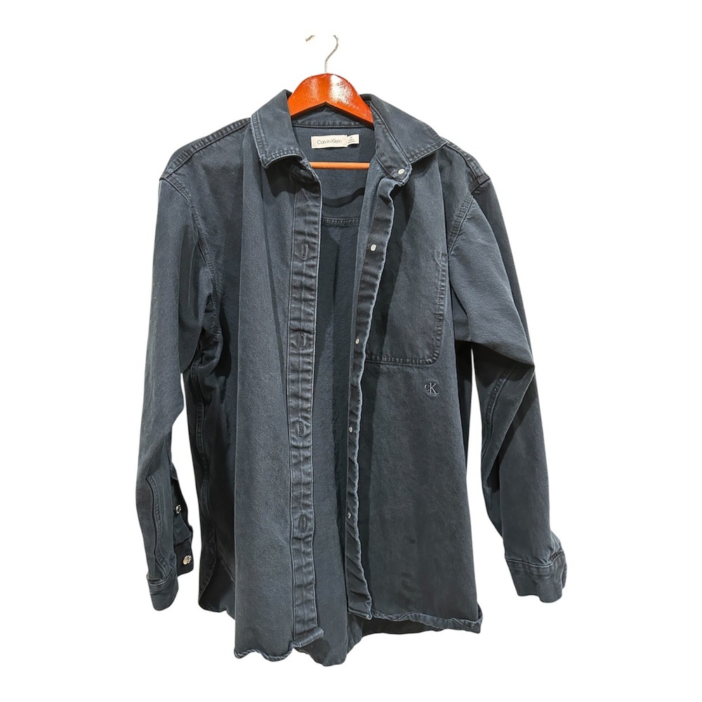 Calvin Klein Womens Denim Button Up Shirt Faded Black CK Logo Long Sleeve Medium